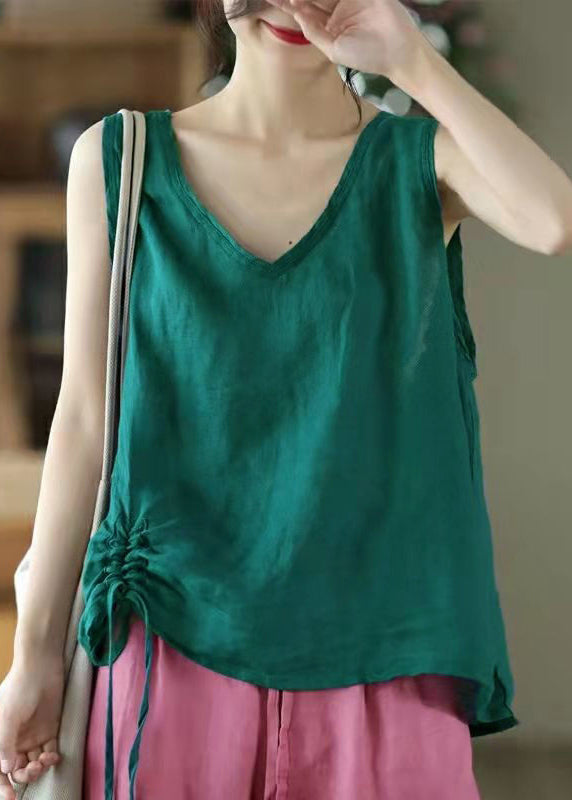 Women Pink Solid V Neck Lace Up Cotton Tank Sleeveless