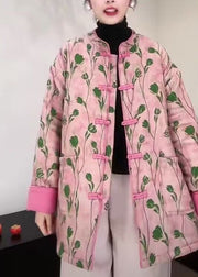 Women Pink Stand Collar Pockets Print Fine Cotton Filled Coat Winter