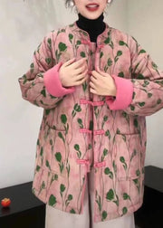 Women Pink Stand Collar Pockets Print Fine Cotton Filled Coat Winter