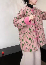 Women Pink Stand Collar Pockets Print Fine Cotton Filled Coat Winter