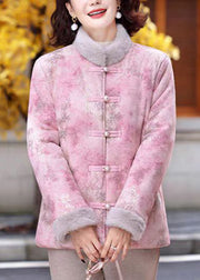 Women Pink Stand Collar Print Patchwork Warm Fleece Parkas Winter