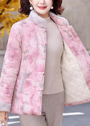 Women Pink Stand Collar Print Patchwork Warm Fleece Parkas Winter