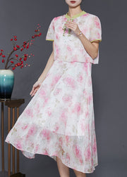 Women Pink Tasseled Patchwork Print Silk Dress Summer