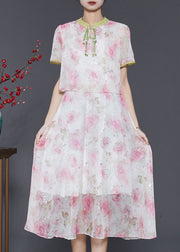 Women Pink Tasseled Patchwork Print Silk Dress Summer