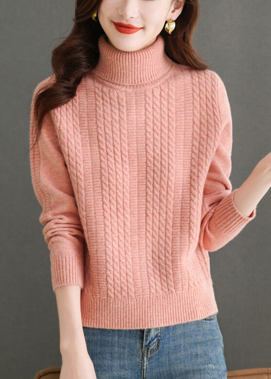 Women Pink Turtleneck Solid Knit Sweater Winter