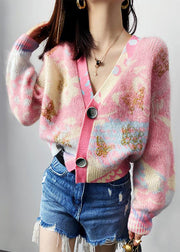 Women Pink V Neck Button Patchwork Cotton Knit Coats Long Sleeve