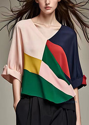 Women Pink V Neck Chiffon Tops Half Sleeve