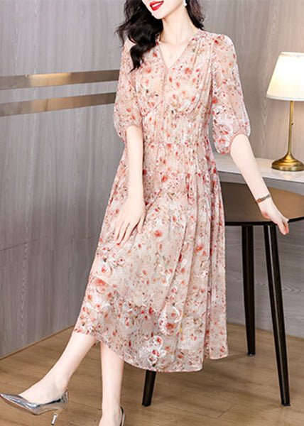 Women Pink V Neck Embroidered Wrinkled Silk Dress Summer