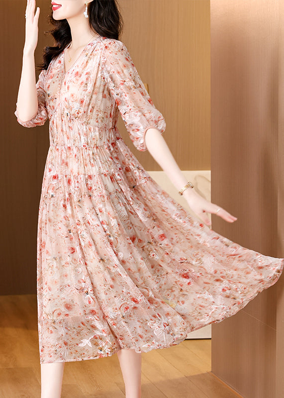 Women Pink V Neck Embroidered Wrinkled Silk Dress Summer