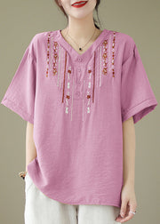 Women Pink V Neck Embroideried Cotton Tops Summer