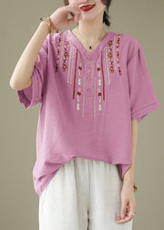 Women Pink V Neck Embroideried Cotton Tops Summer