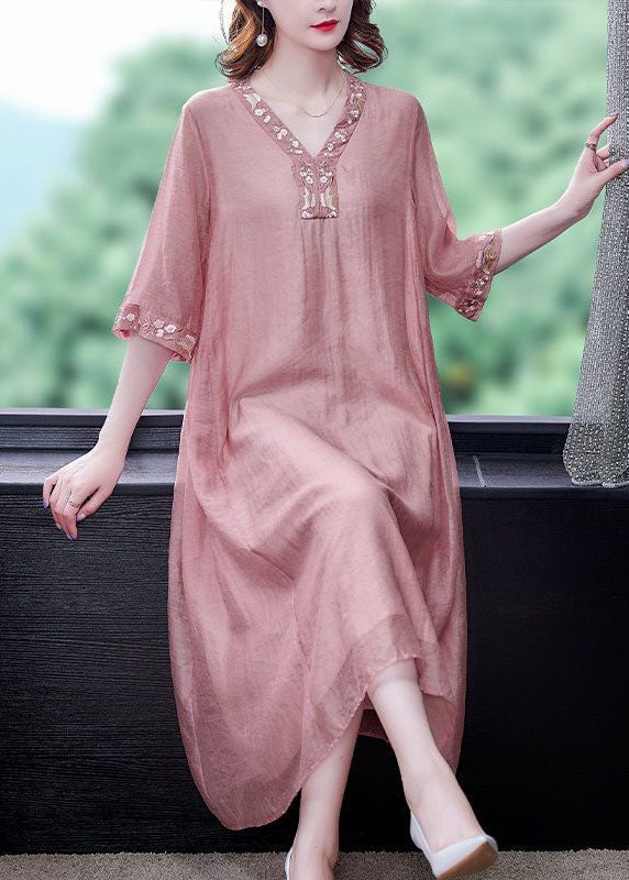 Women Pink V Neck Embroideried Cotton Vacation Dresses Summer