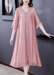 Women Pink V Neck Embroideried Cotton Vacation Dresses Summer