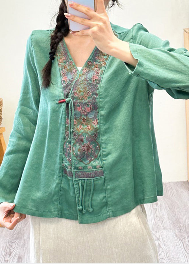 Women Pink V Neck Embroidered Floral Patchwork Linen Shirts Fall