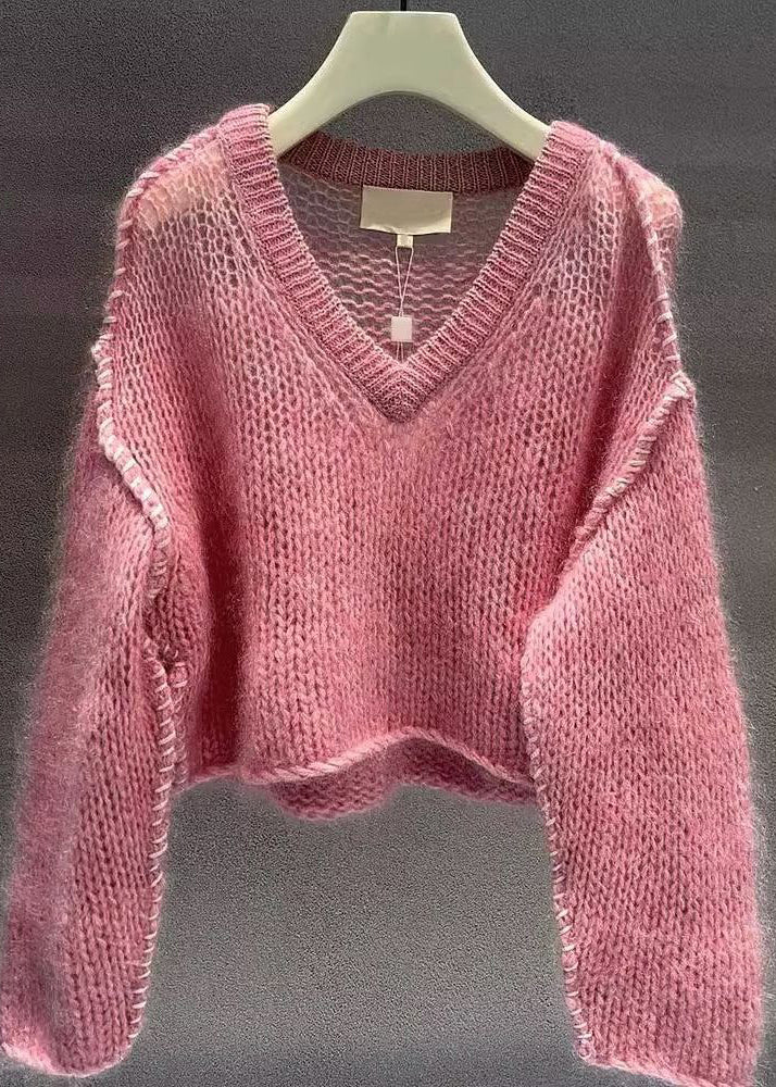 Women Pink V Neck Hollow Out Cotton Knit Sweaters Fall