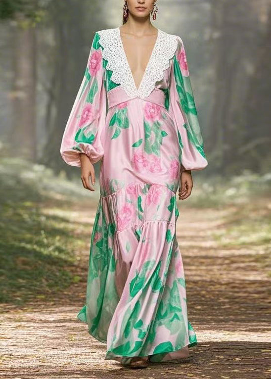 Women Pink V Neck Print Patchwork Silk Long Dress Lantern Sleeve