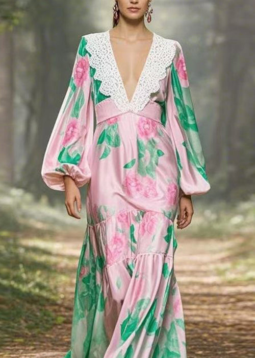 Women Pink V Neck Print Patchwork Silk Long Dress Lantern Sleeve