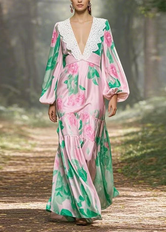 Women Pink V Neck Print Patchwork Silk Long Dress Lantern Sleeve