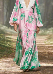 Women Pink V Neck Print Patchwork Silk Long Dress Lantern Sleeve