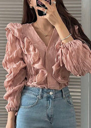 Women Pink V Neck Ruffled Patchwork Chiffon Blouses Spring