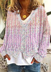 Women Pink V Neck Striped Cozy Knit Cardigan Spring