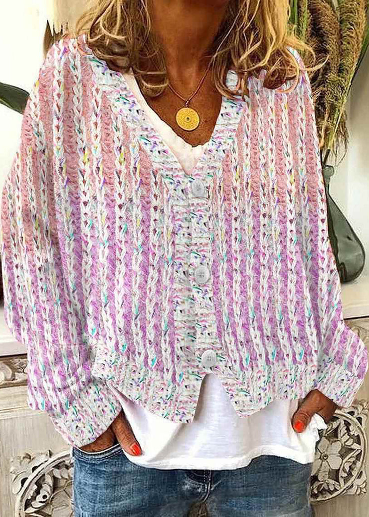 Women Pink V Neck Striped Cozy Knit Cardigan Spring