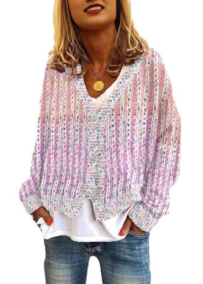 Women Pink V Neck Striped Cozy Knit Cardigan Spring