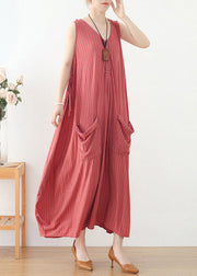 Women Pink V Neck Striped Pockets Linen Vacation Dresses Sleeveless