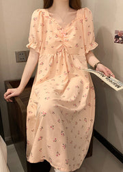 Women Pink V Neck Wrinkled Print Cotton Pajamas Long Dress Summer