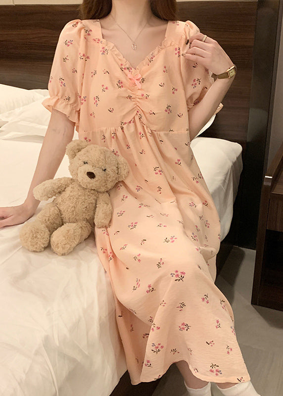 Women Pink V Neck Wrinkled Print Cotton Pajamas Long Dress Summer