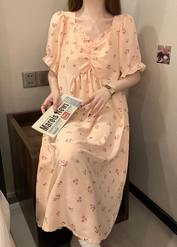 Women Pink V Neck Wrinkled Print Cotton Pajamas Long Dress Summer