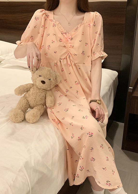 Women Pink V Neck Wrinkled Print Cotton Pajamas Long Dress Summer