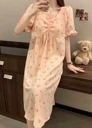 Women Pink V Neck Wrinkled Print Cotton Pajamas Long Dress Summer