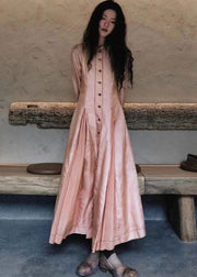 Women Pink Wrinkled Pockets Cotton Shirts Long Dresses Fall