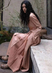 Women Pink Wrinkled Pockets Cotton Shirts Long Dresses Fall