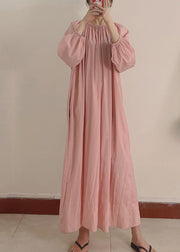Women Pink Wrinkled Pockets Maxi Dress Long Sleeve