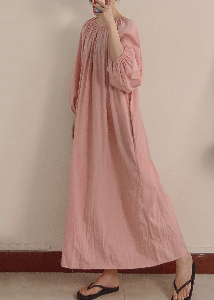 Women Pink Wrinkled Pockets Maxi Dress Long Sleeve