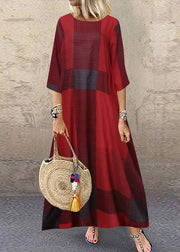 Women Plaid Short Sleeve Crew Neck Side Pocket Baggy Vintage Long Maxi Dress Wine Red