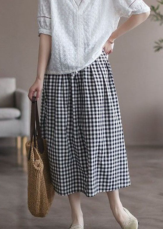 Women Plaid Wrinkled Pockets Patchwork Cotton Skirts Summer