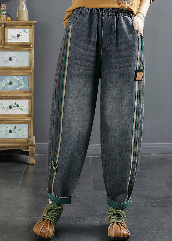 Women Plus Size Blue Pockets Patchwork Denim Pants Fall