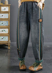 Women Plus Size Blue Pockets Patchwork Denim Pants Fall