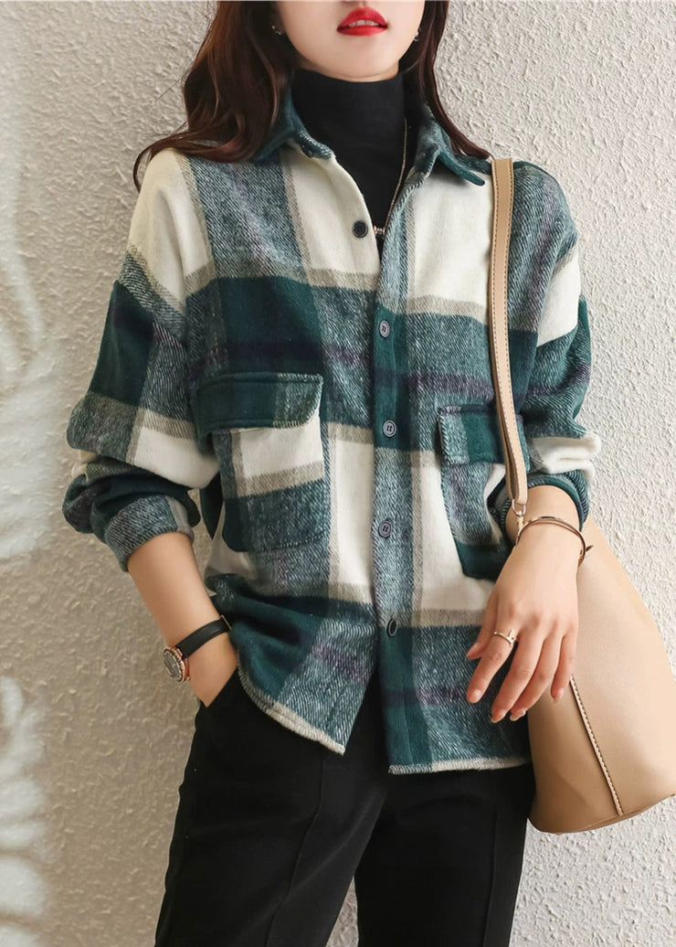 Women Plus Size Green Plaid Peter Pan Collar Cotton Shirt Tops Fall