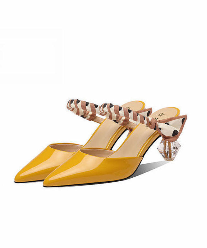 Women Pointed Toe Chunky Yellow Cowhide Leather High Heel Slippers