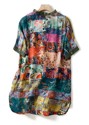 Women Print Button Side Open Linen Shirts Short Sleeve