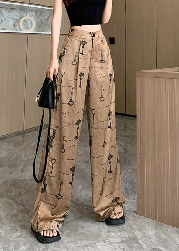 Women Print Pockets High Waist Satin Wide Leg Pants Spring