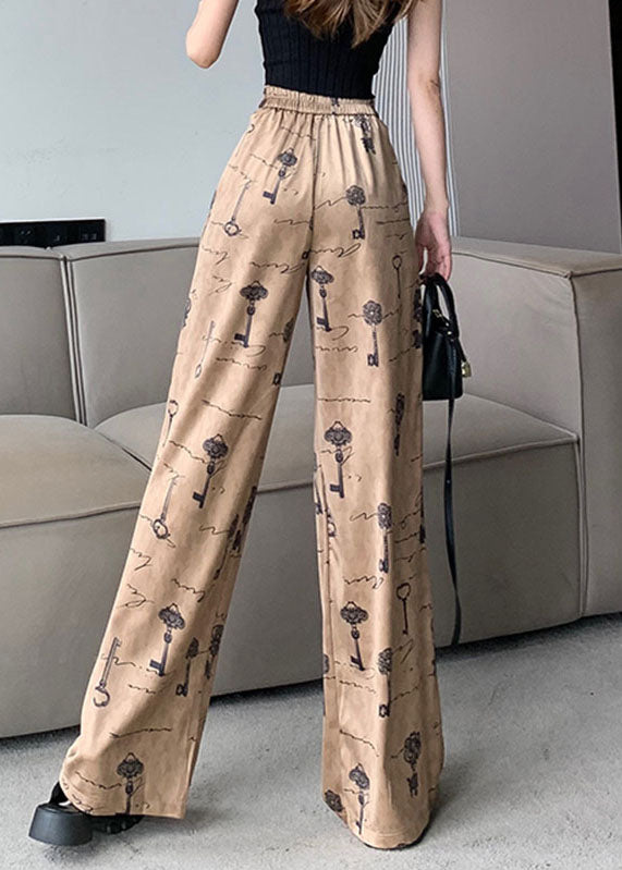 Women Print Pockets High Waist Satin Wide Leg Pants Spring