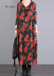 Women Print V Neck Patchwork Cotton Long Dress Fall