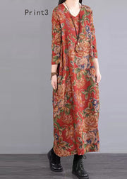 Women Print V Neck Patchwork Cotton Long Dress Fall