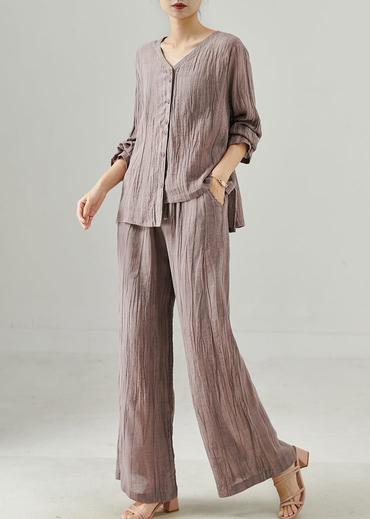 Women Purple Asymmetrical Wrinkled Linen Two Pieces Set Summer