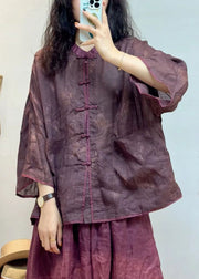 Women Purple Button Pockets Linen Shirt Spring